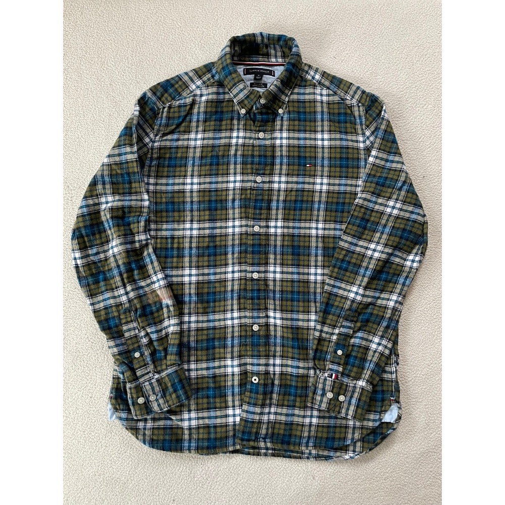 Stains - Tommy Hilfiger Mens Medium Button Down Shirt Green Blue Plaid Flannel